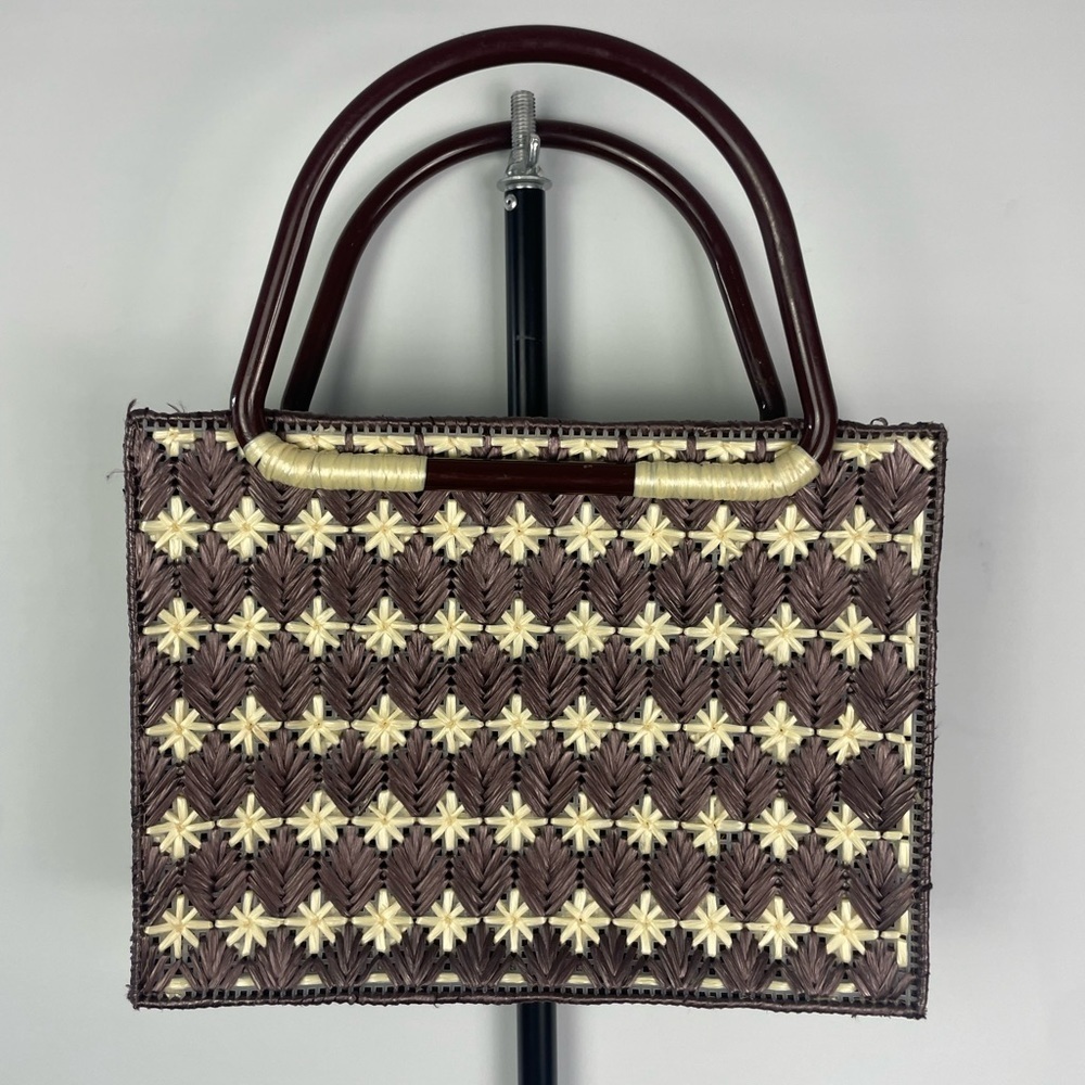 Rectangle Brown Star Flower Woven‎ Box Tiki Beach Straw Structured Handbag